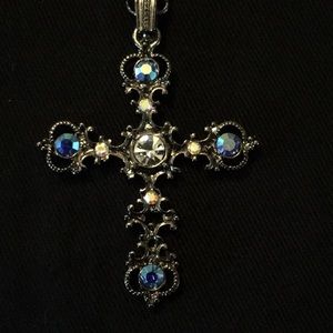 Brilliant blue and clear crystals cross necklace
